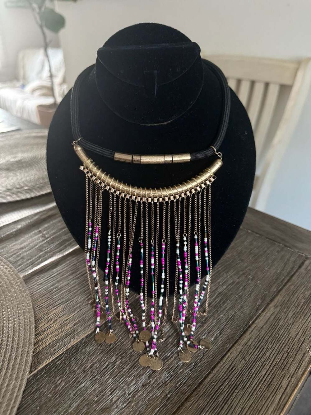mark. See Me Roar Necklace Antiqued Brass Fabric Glass Plastic Beads